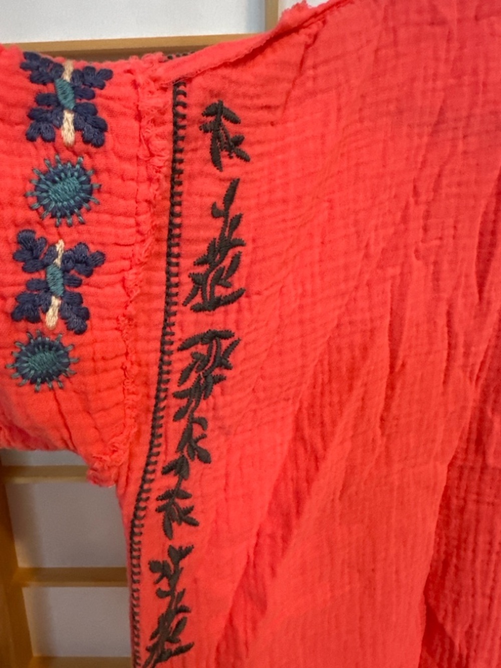 Johnny Was Coral Red Embroidered Cotton Gauze Tunic - Picture 6 of 7